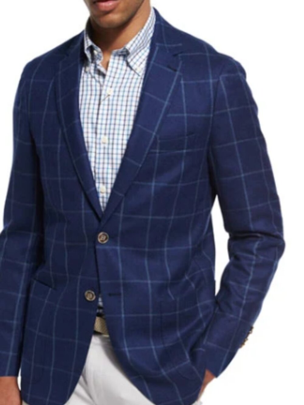 Peter Millar Plaid Window Pane Wool Blazer Sport Coat Mens size 48R Navy